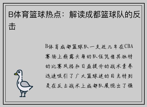 B体育篮球热点：解读成都篮球队的反击