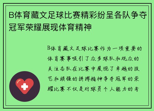 B体育藏文足球比赛精彩纷呈各队争夺冠军荣耀展现体育精神